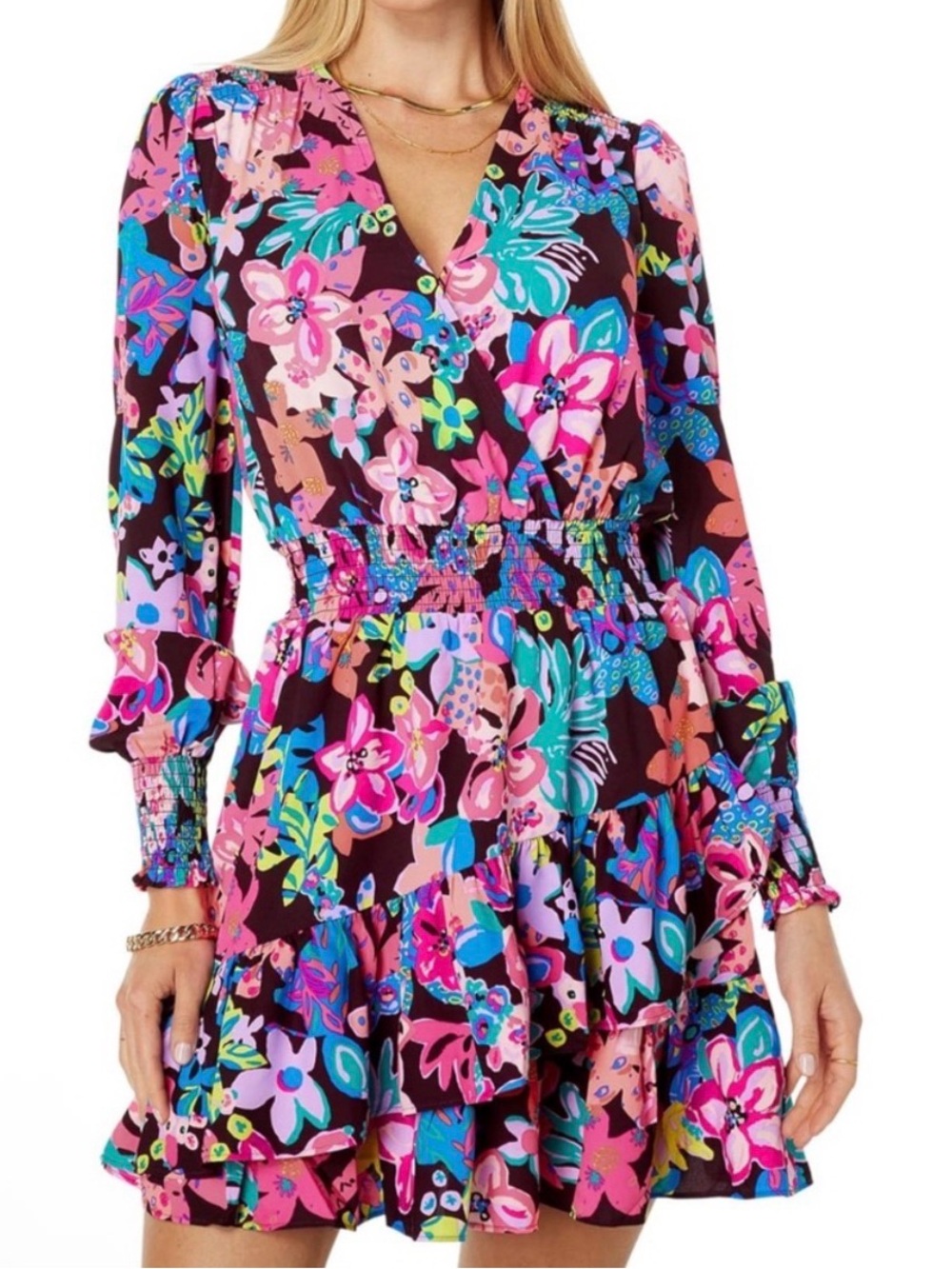 Lilly Pulitzer Cristiana Long Sleeve smocked waist Dress in Cherry Ganache
